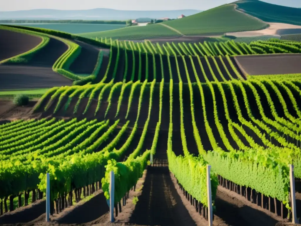 Potencial vinícola contemporáneo de Hungría en una imagen de viñedo minimalista rodeado de suelo volcánico