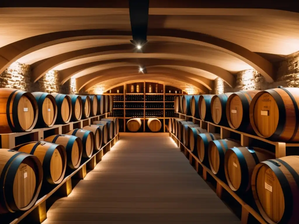 Potencial vinícola contemporáneo de Hungría: bodega minimalista con barriles de madera y etiquetas de regiones vinícolas