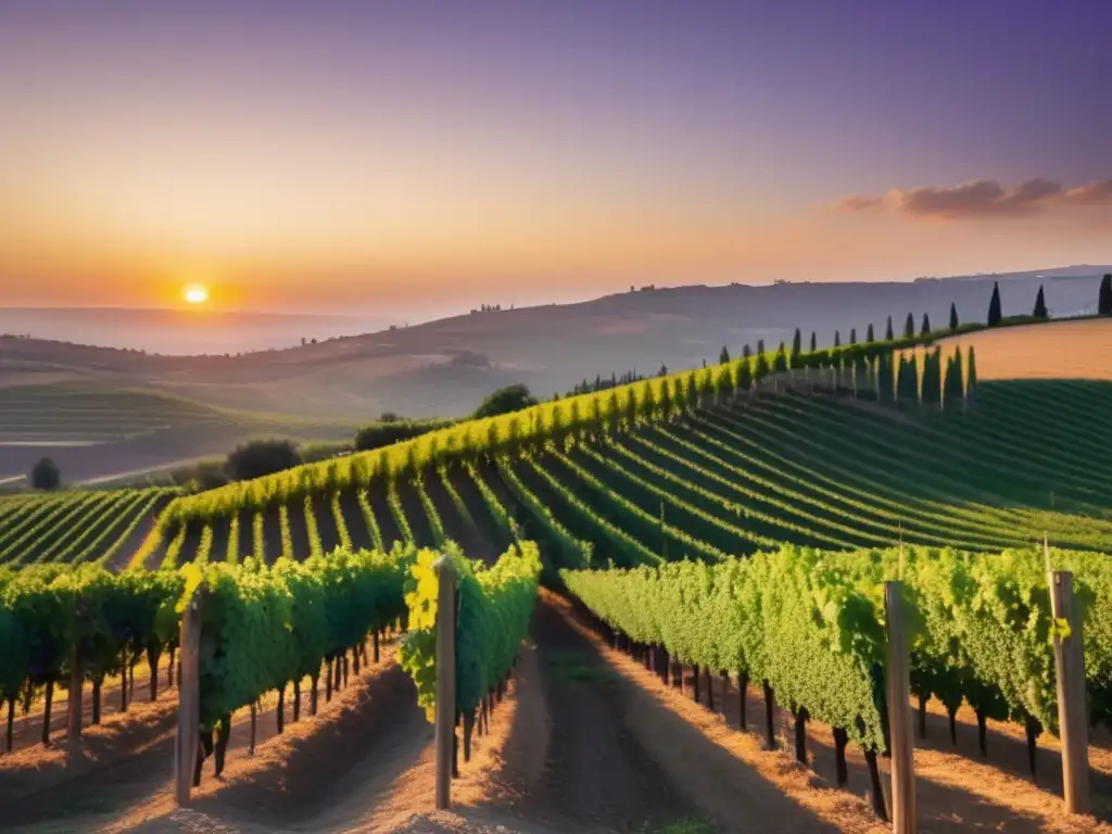 Potencial vitivinícola de Líbano: escena minimalista de viñedo al atardecer, con uvas y hojas resplandeciendo bajo el sol dorado