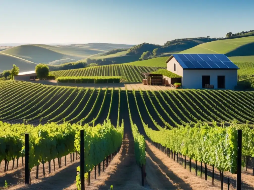 Prácticas sostenibles en regiones vinícolas emergentes - Imagen de viñedo con bodega ecológica y paisaje armonioso