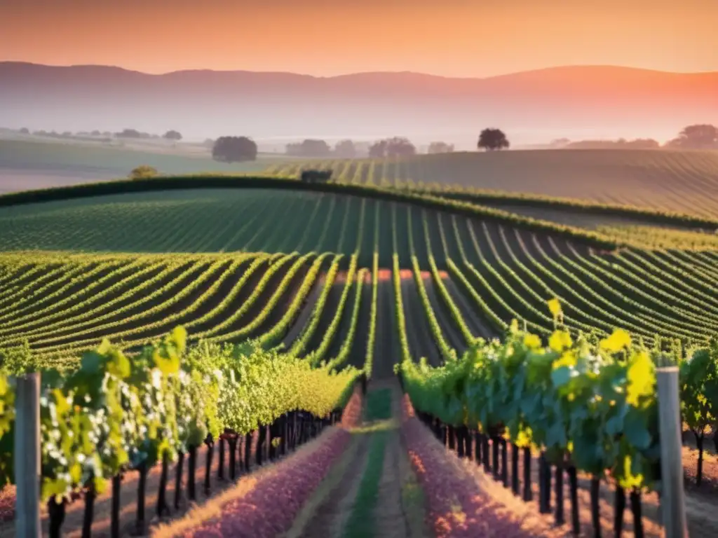 Preferencias del consumidor en el mercado del vino durante el cambio climático: viñedo minimalista al atardecer con uvas y hojas verdes