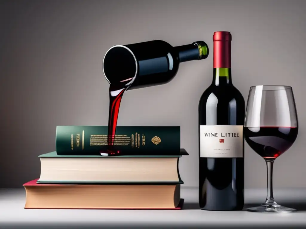 Vino preferido de escritores famosos, botella negra elegante sobre libros, goteo de vino en copa