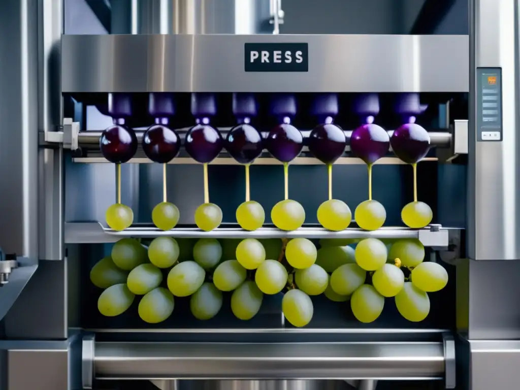 Innovación en prensado de uvas: máquina de precisión exprimiendo uvas, destacando tecnología avanzada