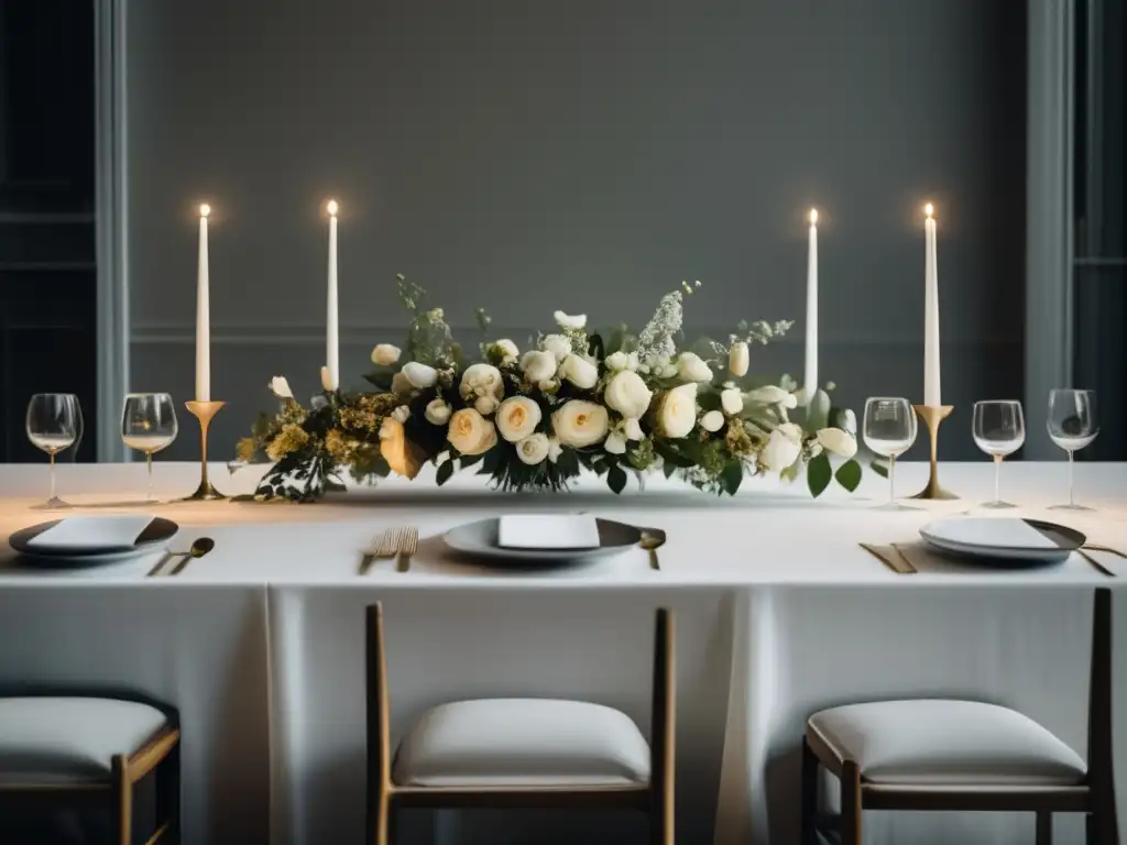 Presencia histórica del vino en arte: Banquete elegante y minimalista con mesa adornada y delicados arreglos florales