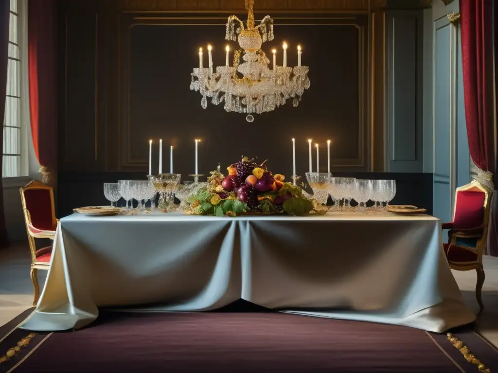 Presencia histórica del vino en arte: Banquete lujoso, mesa adornada con copas de cristal y vino colorido, detalles barrocos y juego de luces