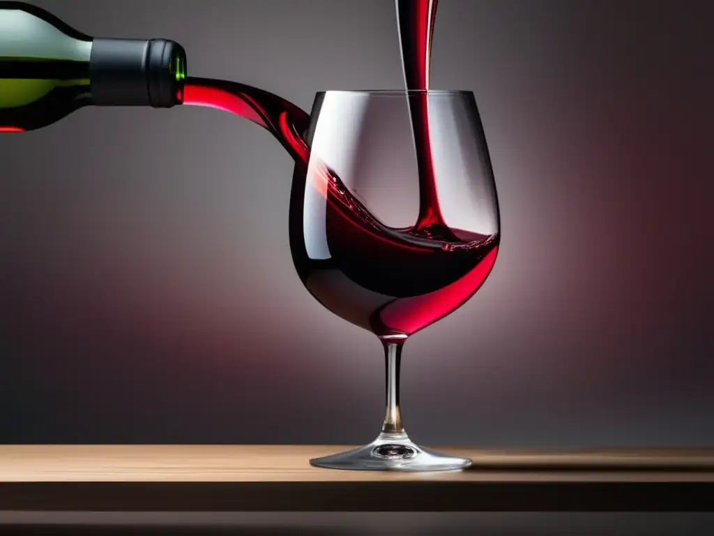 Presencia histórica del vino en arte: copa de vino rojo en mesa de madera, botella medio vacía, colores vibrantes y elegancia