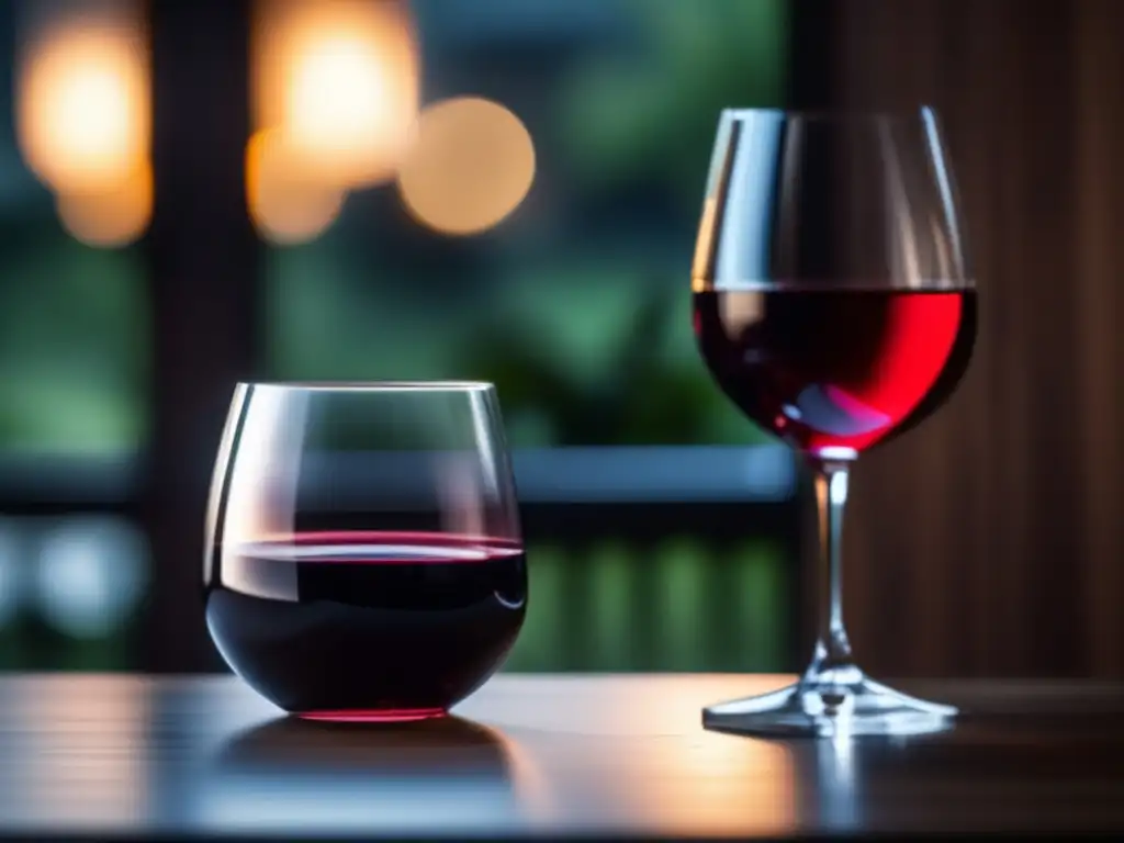 Prevención de resaca al beber vino: imagen de una habitación minimalista con luz tenue, una copa de vino rojo en una mesa de madera