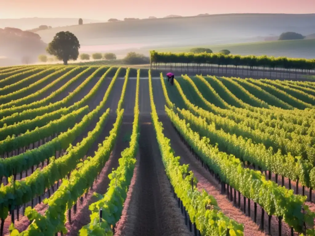 Proceso de elaboración del vino en vivo: Viñedo al amanecer, trabajador atendiendo uvas