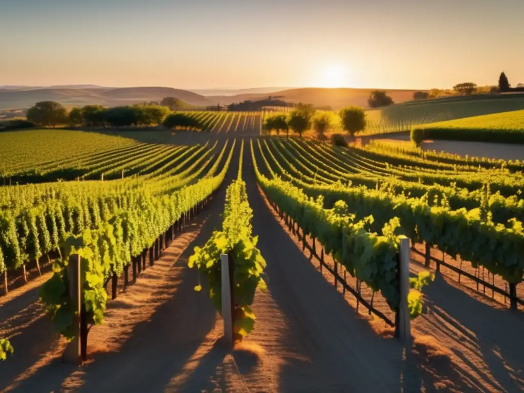 Proceso de elaboración del vino en vivo: viñedo dorado al atardecer