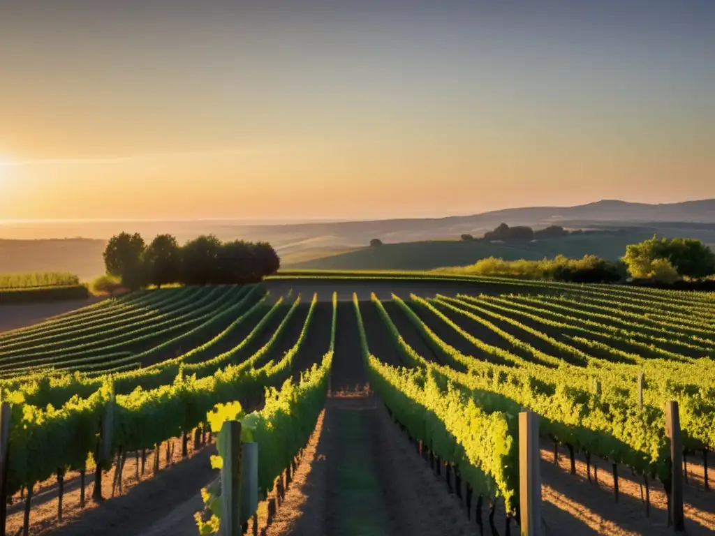 Proceso de elaboración del vino en vivo: viñedo sereno al atardecer