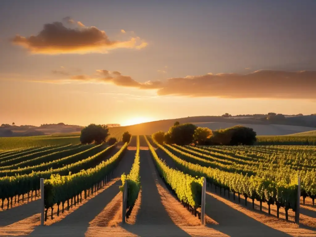 Promoción de vinos autóctonos en tratados bilaterales - Imagen minimalista de un viñedo al atardecer, con hileras ordenadas de vides que se extienden hacia el horizonte