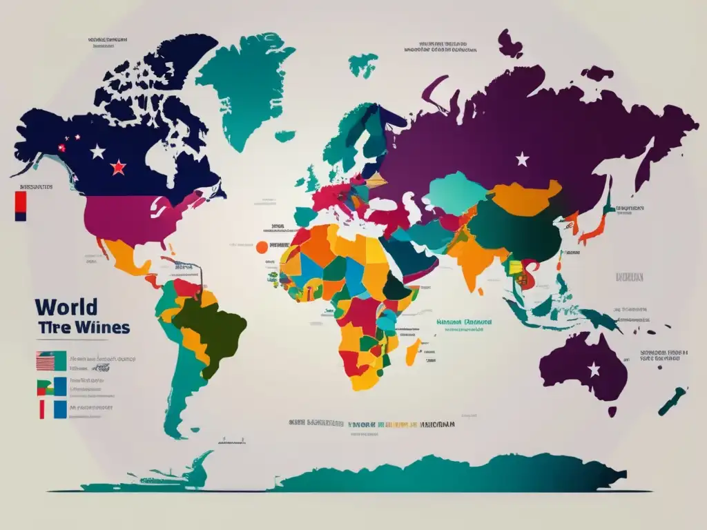 Promoción de vinos autóctonos en tratados bilaterales: Mapa mundial minimalista destacando países con colores vibrantes inspirados en uvas indígenas