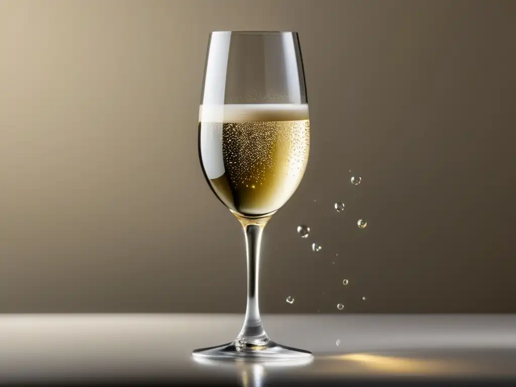 Copa de Prosecco elegante y minimalista, burbujeante y dorado, evocando celebración y sofisticación