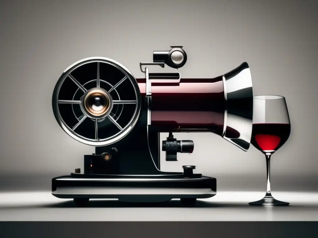 Proyector vintage iluminando copa de vino en cine de época