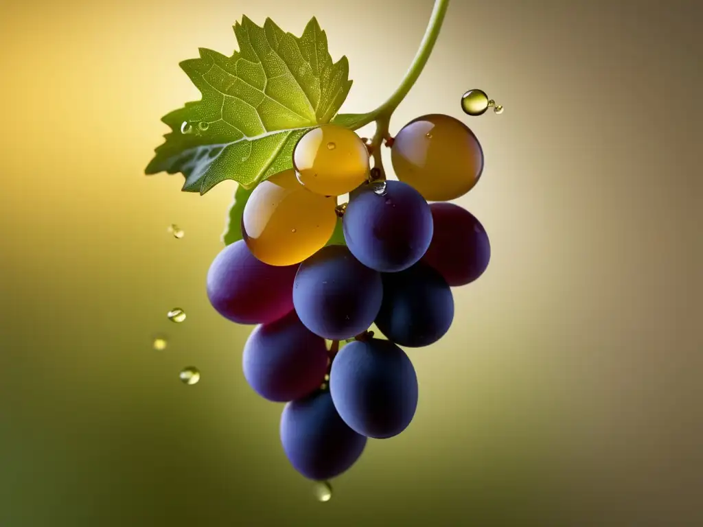 Grape cluster: Elegante y fresco Viognier Un racimo de uva Viognier suspendido en el aire, con tonos dorados y una iluminación cálida