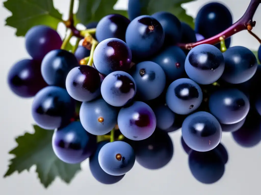 Racimo de uvas Dolcetto en tonos morados y burdeos, resaltando su color y brillo natural