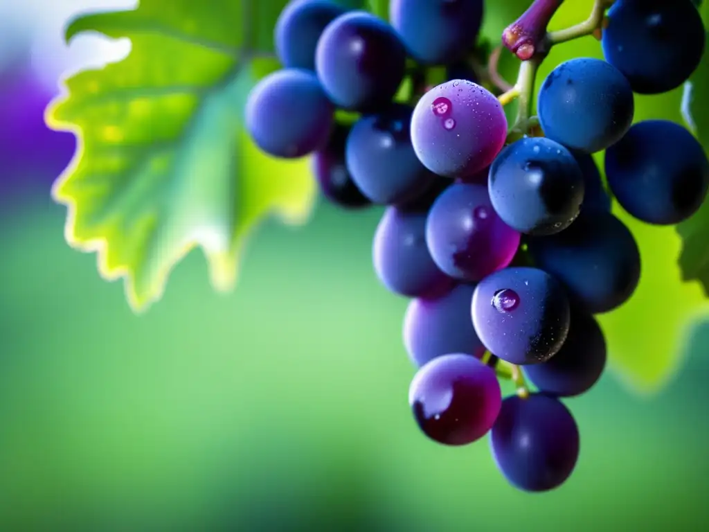 Racimo de uvas maduras con levaduras noSaccharomyces, simbolizando complejidad del vino