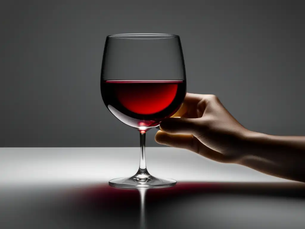 Representación vino realismo mágico: copa vino rojo, mano elegante, anillo oro, juego luces sombras