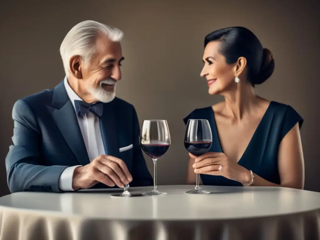 Recomendaciones consumo vino tercera edad: Pareja elegante disfrutando de una copa de vino en una mesa bien decorada