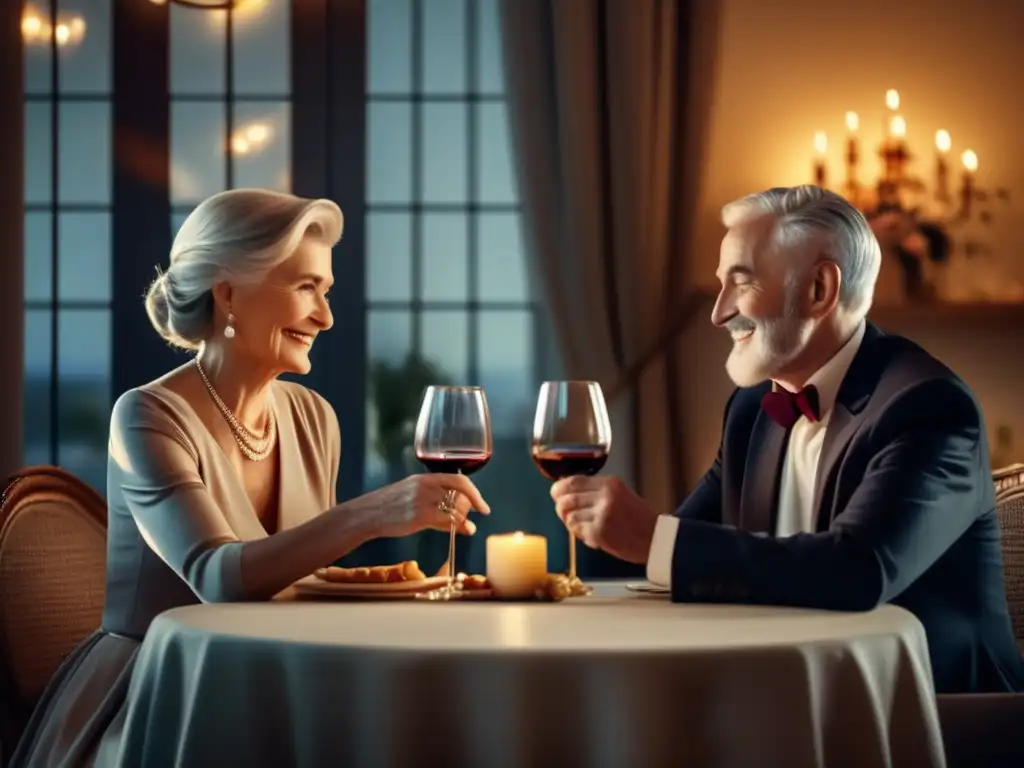 Recomendaciones consumo vino tercera edad: pareja mayor disfrutando de una íntima y sofisticada cena con vino