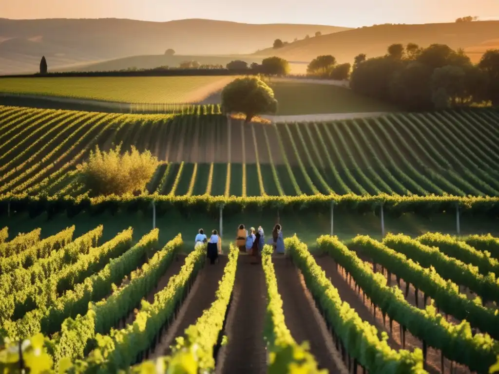 Reconocimiento trabajo mujeres en viñedo: atardecer, viticultoras cuidando uvas con dedicación