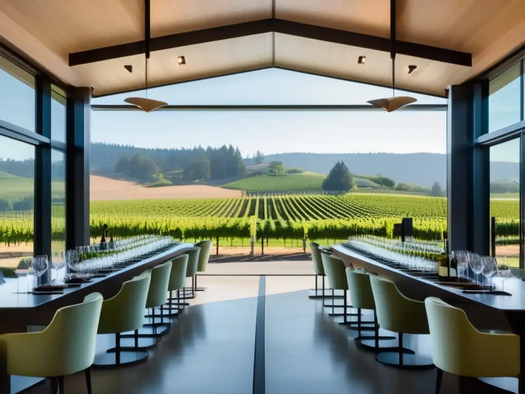 Renacimiento vino Oregon: Innovación tradición - Bodega moderna rodeada de viñedos exuberantes, arquitectura vanguardista y paisajes pintorescos