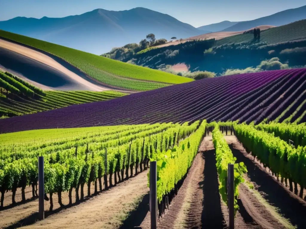 Renacimiento de Carmenere en valles chilenos: viñedo exuberante y elegante con uvas moradas