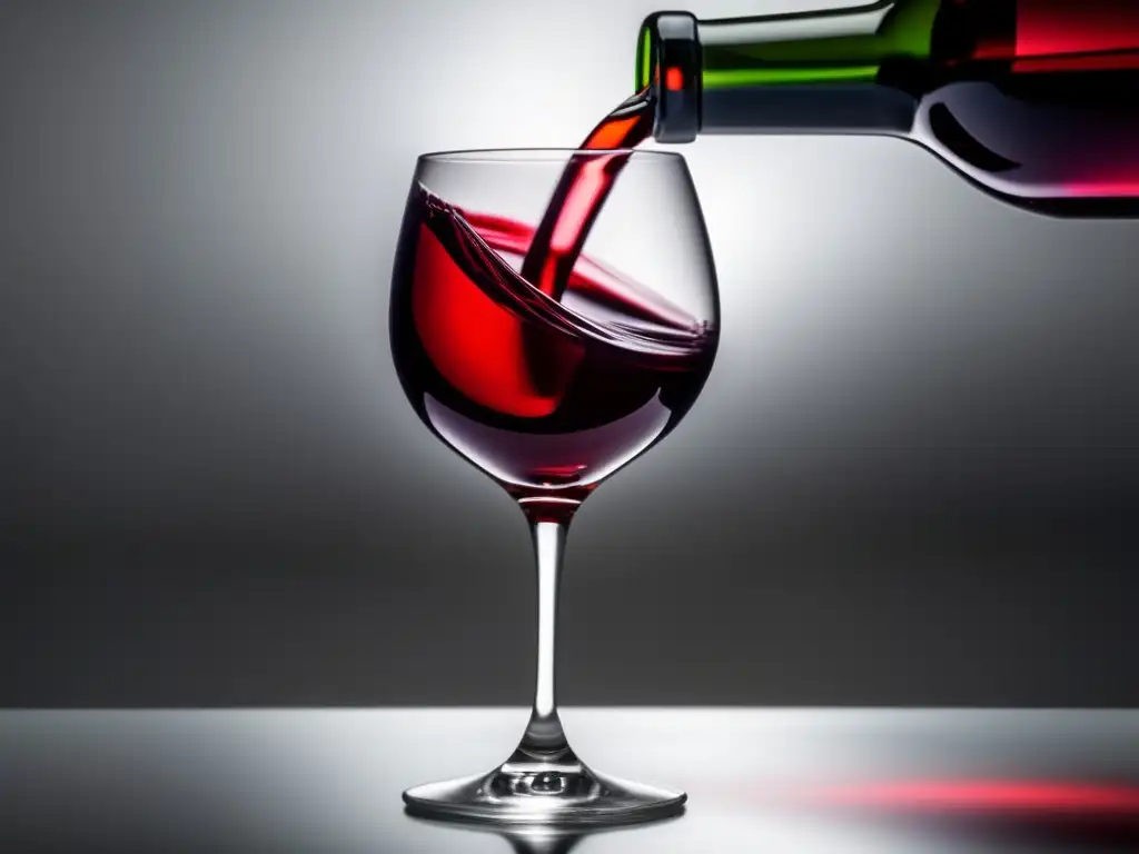 Degustación responsable vino sin alcohol - Copa de vino transparente con jugo de uva roja vibrante, vertiéndose desde una botella