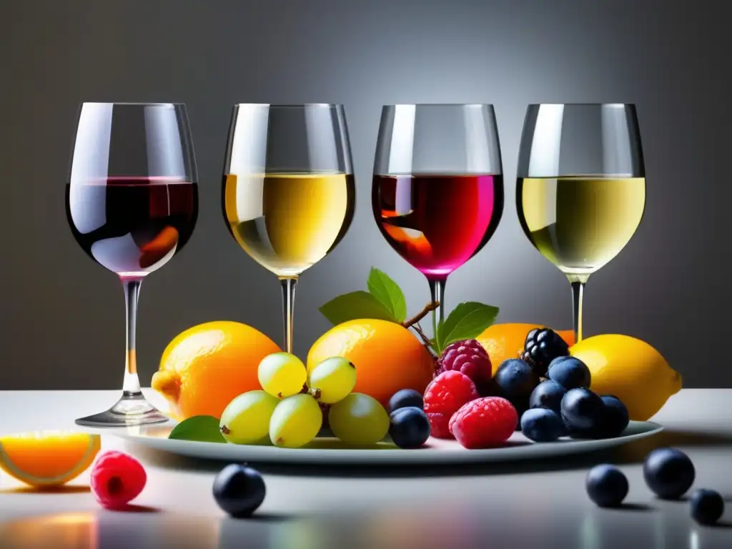 Degustación responsable vino sin alcohol: copa de vino con frutas y colores vibrantes