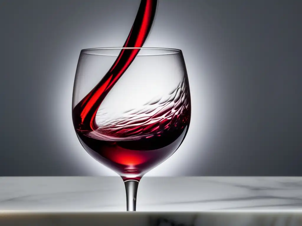 Degustación responsable vino sin alcohol: copa de vino rojo sin alcohol vibrante y elegante en superficie de mármol blanco