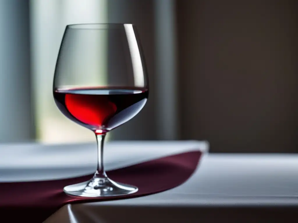 Degustación responsable de vino sin alcohol: imagen elegante de una copa con líquido rojo profundo en un mantel blanco, reflejando luz y sombras