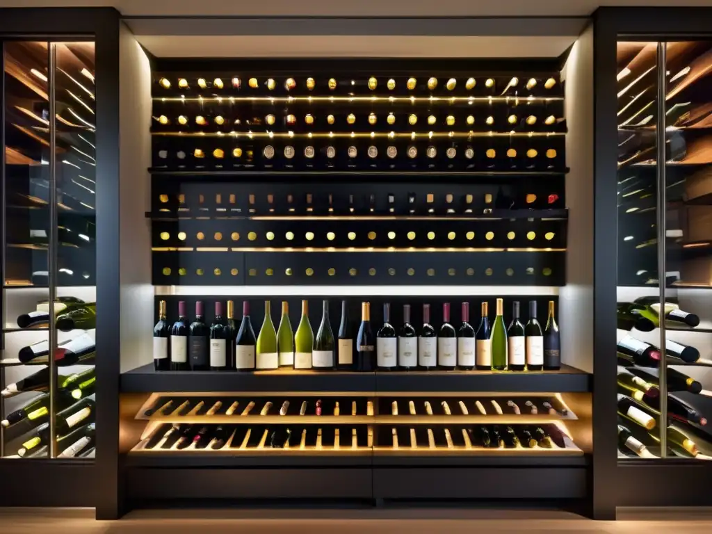 Retos logística vino online: Elegante bodega minimalista con botellas de vino organizadas y etiquetadas, iluminación suave y paredes de vidrio