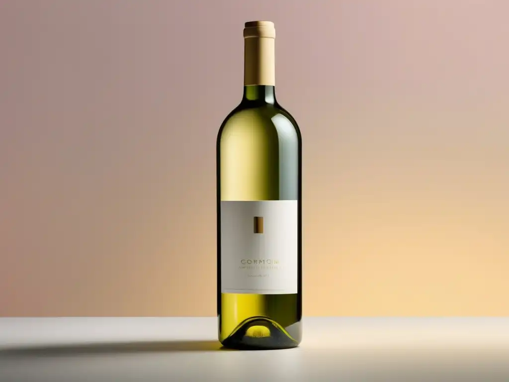 Retos de logística vino online: Botella de vino blanco suspendida, reflejos y luz suave