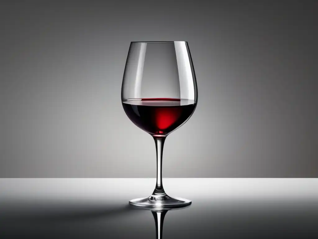 Copa de vino tinto rico y profundo, reflejada en una superficie blanca, resaltando elegancia y sofisticación