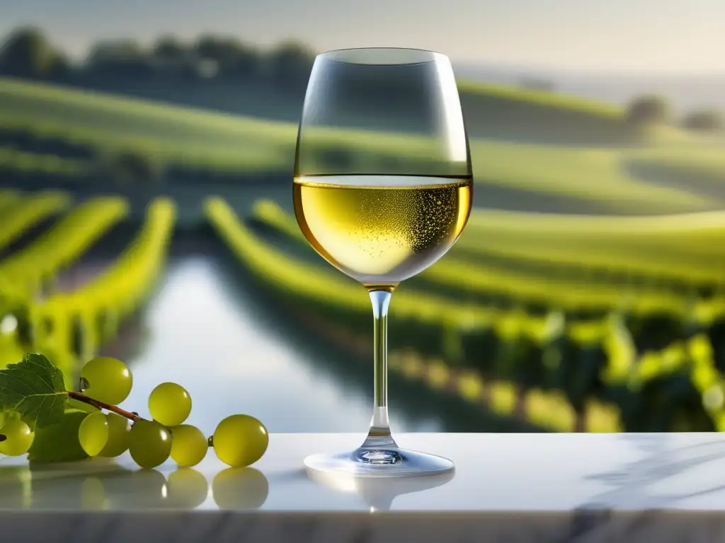 Copa de vino Riesling dorado en superficie de mármol blanco, con viñedos verdes y cielo azul