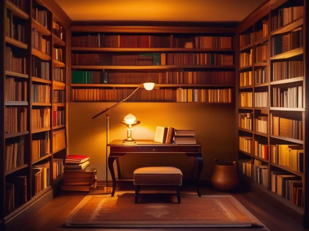 Un rincón acogedor en una biblioteca iluminada, con estanterías llenas de libros y una mesa con vinos y libros vintage