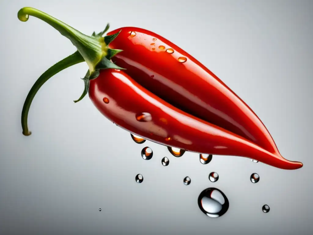 Un chile rojo picante, simétrico y con gotas de agua, resalta su belleza natural