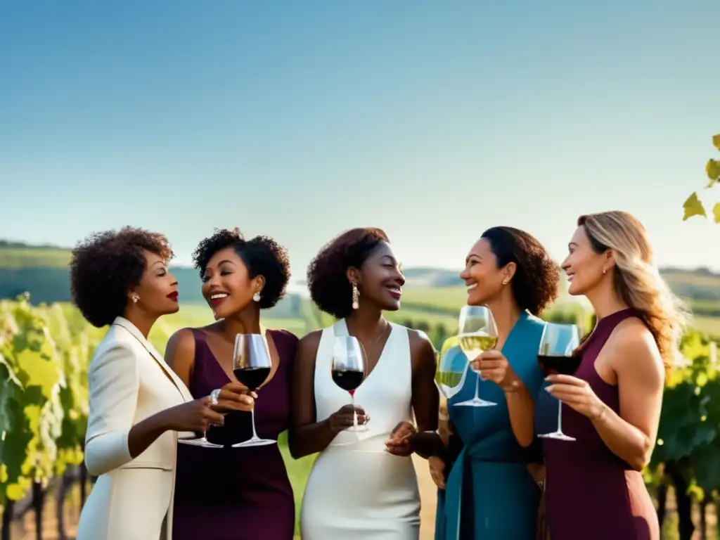 Evolución histórica del rol de las mujeres en el vino - Mujeres diversas en viñedo, admirando el vino