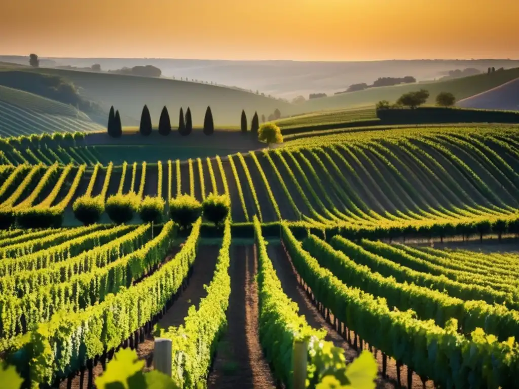 Rutas vinícolas europeas destacadas: viñedo europeo con filas de uvas vibrantes bajo el sol dorado, transmitiendo serenidad y belleza natural