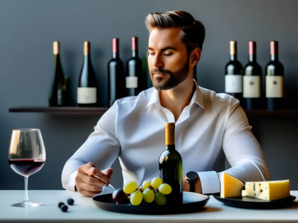 Rutina diaria catador profesional: catador de vinos examinando copa en mesa moderna, con notas, queso y uvas