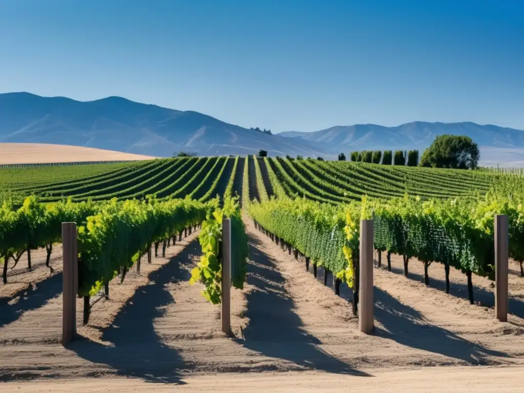 Evolución sabor vino en planeta caliente: viñedo bajo sol abrasador, cielo azul vibrante, paisaje dorado y ondulaciones de calor