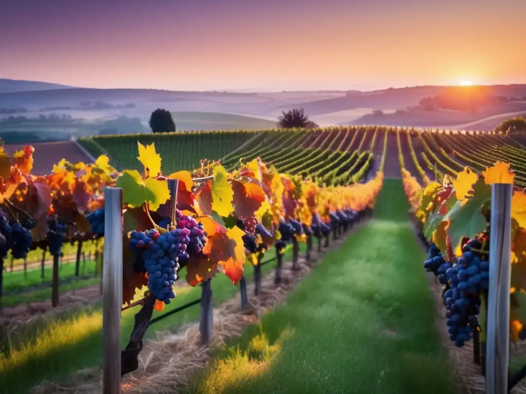 Evolución sabor vino en planeta caliente: viñedo dorado al atardecer, uvas vibrantes y naturaleza serena