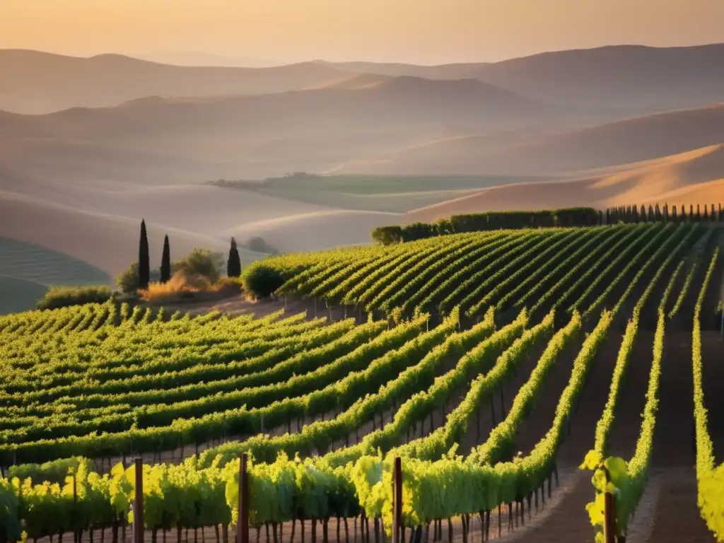 Descubriendo sabores únicos en Jordania: viñedo en el campo jordano, rodeado de colinas y bañado por la cálida luz dorada del atardecer