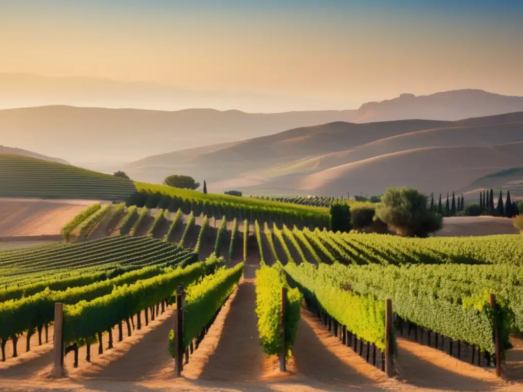 Descubriendo sabores únicos en Jordania: viñedo pintoresco con viñas alineadas, paisaje sereno y montañas en la distancia