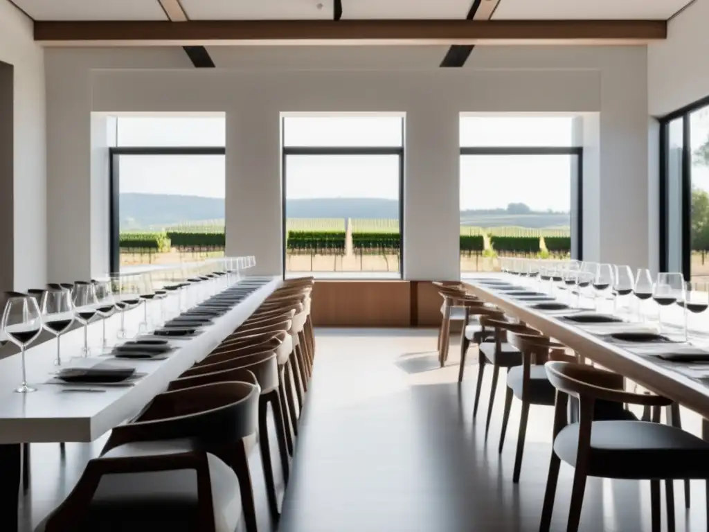 Sala de cata de vinos con elegantes mesas de madera, copas y botellas de vino