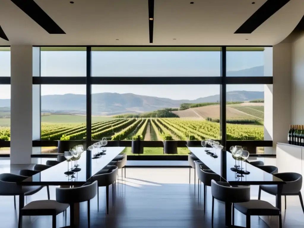 Sala de cata con vista a viñedo y sommelier