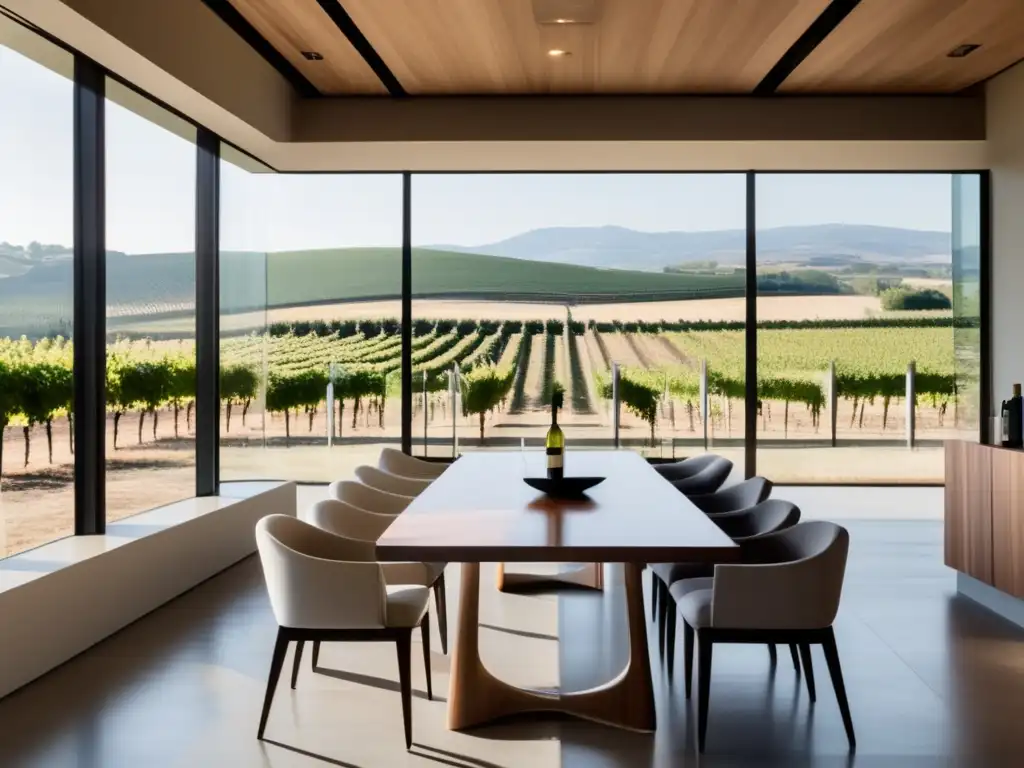 Sala de degustación minimalista con vistas a viñedo