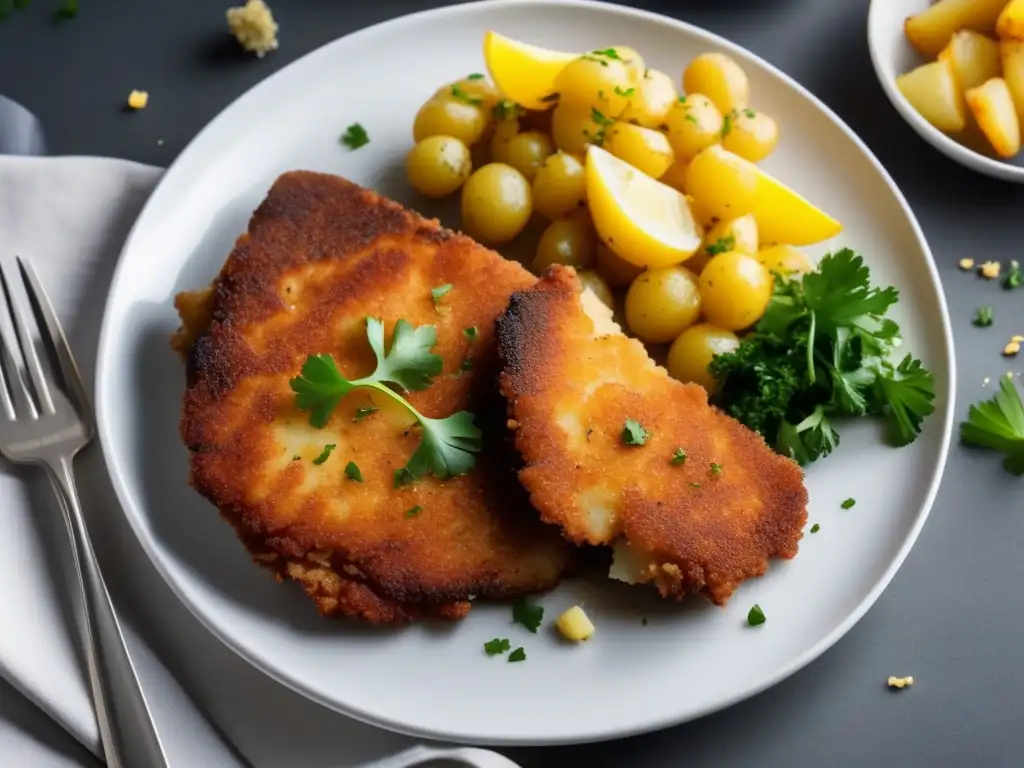 Schnitzel perfectamente cocido con ensalada de papas alemana y Riesling alemán
