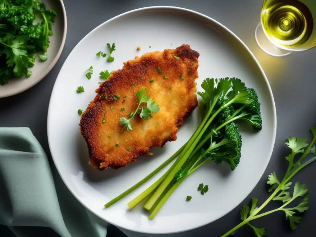 Schnitzel dorado sobre un lecho de perejil verde, acompañado de vino Riesling alemán