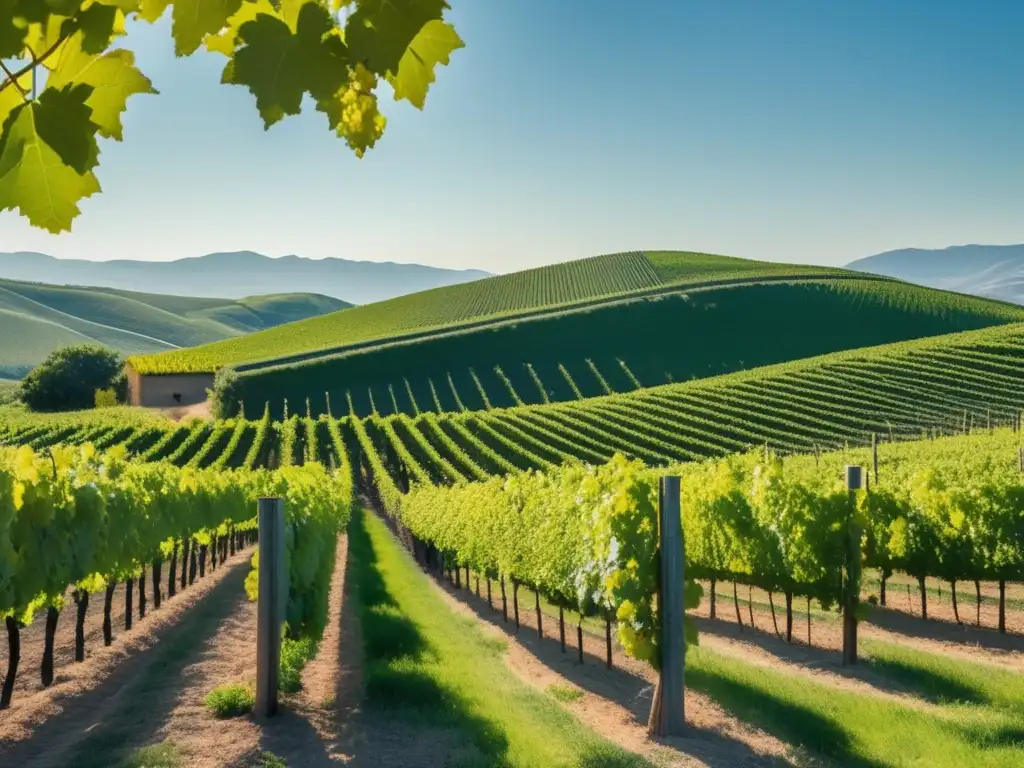 Sello de sostenibilidad en vinos veganos, viñedo minimalista rodeado de colinas y cielo azul, uvas verdes y maduras